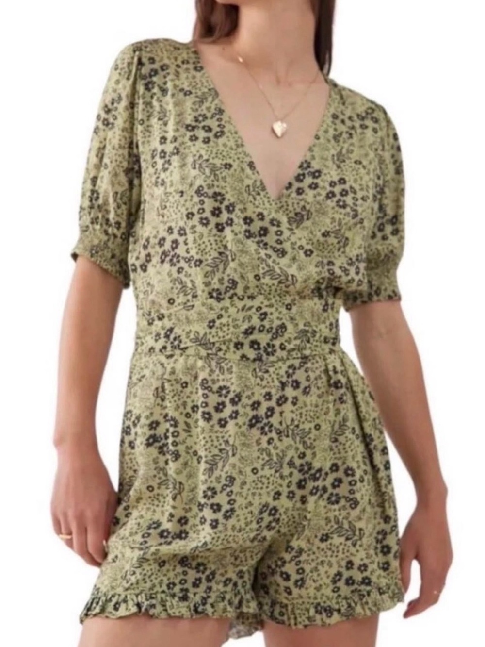 Urban Outfitters Women's Green Floral V-Neck Romper